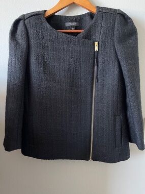 Ann Taylor black and gold metallic wool blend tweed jacket asymmetric zipper S